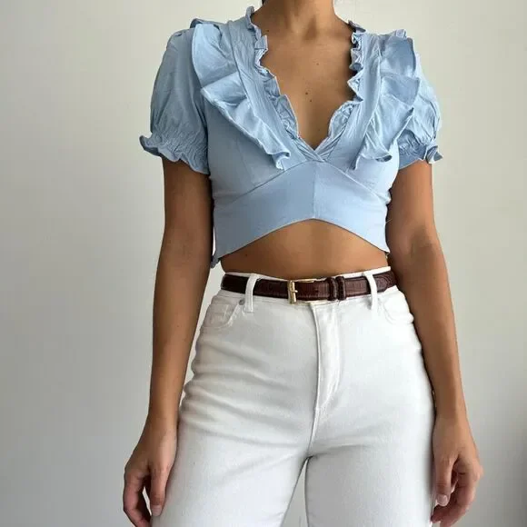 Coastal blue ruffled crop top - Picture 2 of 7